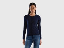 mørke blå Benetton kvinner cardigan med rund hals i ren bomull 20TRB210