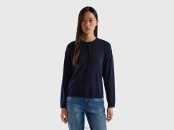 mørke blå Benetton kvinner cardigan med rund hals og knapper 20TRB195