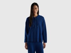 mørke blå Benetton kvinner midnattsblå genser i kashmirblanding med hette 20TRB96