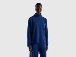 mørke blå Benetton kvinner midnattsblå turtleneck i ull- og kashmirblanding 20TRB21