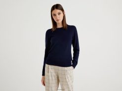 mørke blå Benetton kvinner mørkeblå genser med rund hals i merinoull 20TRB171