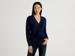 mørke blå Benetton kvinner mørkeblå v-hals cardigan i ren merinoull 20TRB184