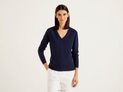 mørke blå Benetton kvinner mørkeblå v-halsgenser i ren merinoull 20TRB181