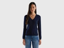 mørke blå Benetton kvinner v-halset genser i ren bomull 20TRB148