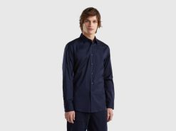 mørke blå Benetton menn ensfarget slim fit skjorte 20TRB4560