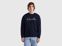 mørke blå Benetton menn genser i 100% bomull med logo 20TRB4515