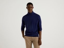 mørke blå Benetton menn mørkeblå turtleneck i ren merinoull 20TRB1167