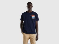 mørke blå Benetton menn t-skjorte i ren bomull med trykk 20TRB4481