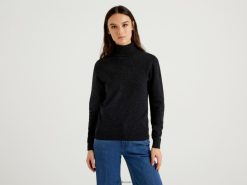 mørkegrå Benetton kvinner koksgrå turtleneck-genser i ren merinoull 20TRB3706