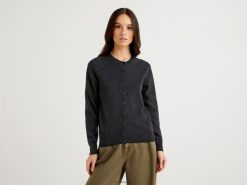 mørkegrå Benetton kvinner kullgrå cardigan med rund hals i ren merinoull 20TRB3678