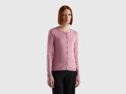 pastell rosa Benetton kvinner cardigan med rund hals i ren bomull 20TRB3691