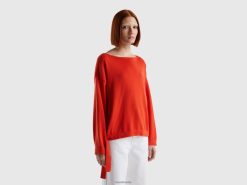 rød Benetton kvinner genser med lisser og båthals 20TRB41