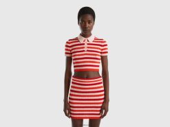 rød Benetton kvinner stripete cropped polo 20TRB25