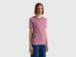 rød Benetton kvinner stripete t-skjorte med rund hals 20TRB345