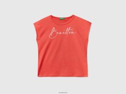 rød korall Benetton barn t-skjorte med logo med glittertrykk 20TRB5227