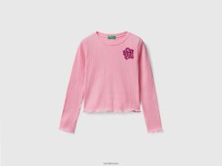 rosa Benetton barn ribbet t-skjorte med broderi 20TRB2467