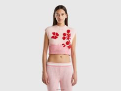 rosa Benetton kvinner rosa vest med blomsterinnlegg 20TRB3612
