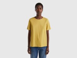 sennep Benetton kvinner T-skjorte med rund hals i slub bomull 20TRB350