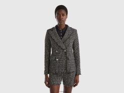 svart Benetton kvinner dobbeltspent blazer i tweed 20TRB267