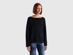 svart Benetton kvinner genser med lisser og båthals 20TRB22