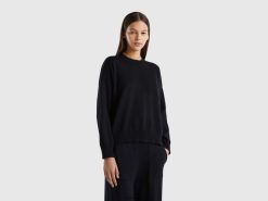 svart Benetton kvinner genser med rund hals i trikotbomull 20TRB55