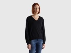 svart Benetton kvinner genser med v-hals 20TRB10
