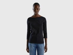 svart Benetton kvinner t-skjorte med båthals i 100 % bomull 20TRB3923