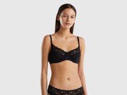 svart Benetton kvinner vattert BH med mesh 20TRB1075