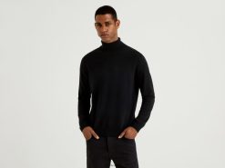 svart Benetton menn svart turtleneck i ren merinoull 20TRB1160