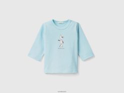 turkis Benetton barn langermet t-skjorte i økologisk bomull 20TRB5773